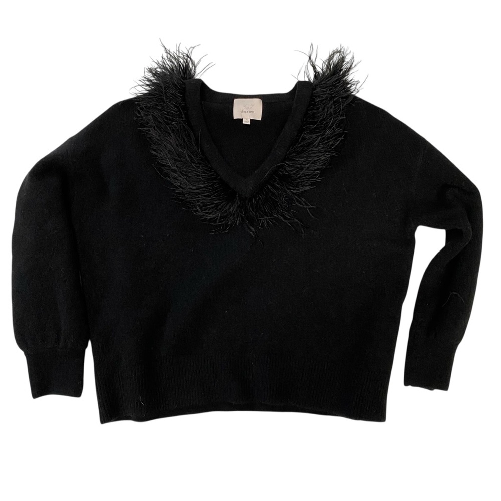 Cinq A Sept V Neck Ostrich Trim Sweater